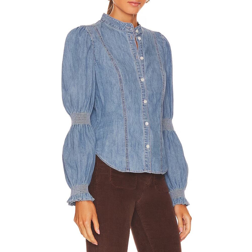 Veronica Beard Dalton Shirt Mystic Blue Button Front Puff Sleeves Chambray SZ 2 - Picture 5 of 8